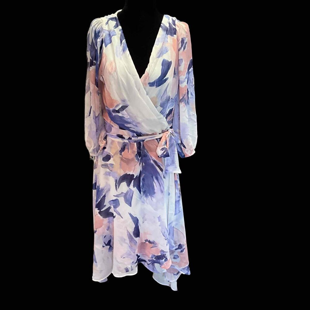 DKNY Womens Rouge Blush Floral Faux Wrap V-Neck Belted Dress Size 16